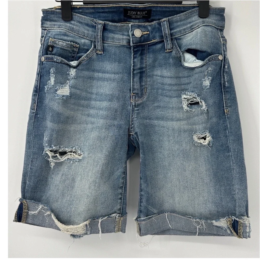 Judy Blue Distressed Denim Bermuda Shorts Light Wash Stretch JB182129LT Size S